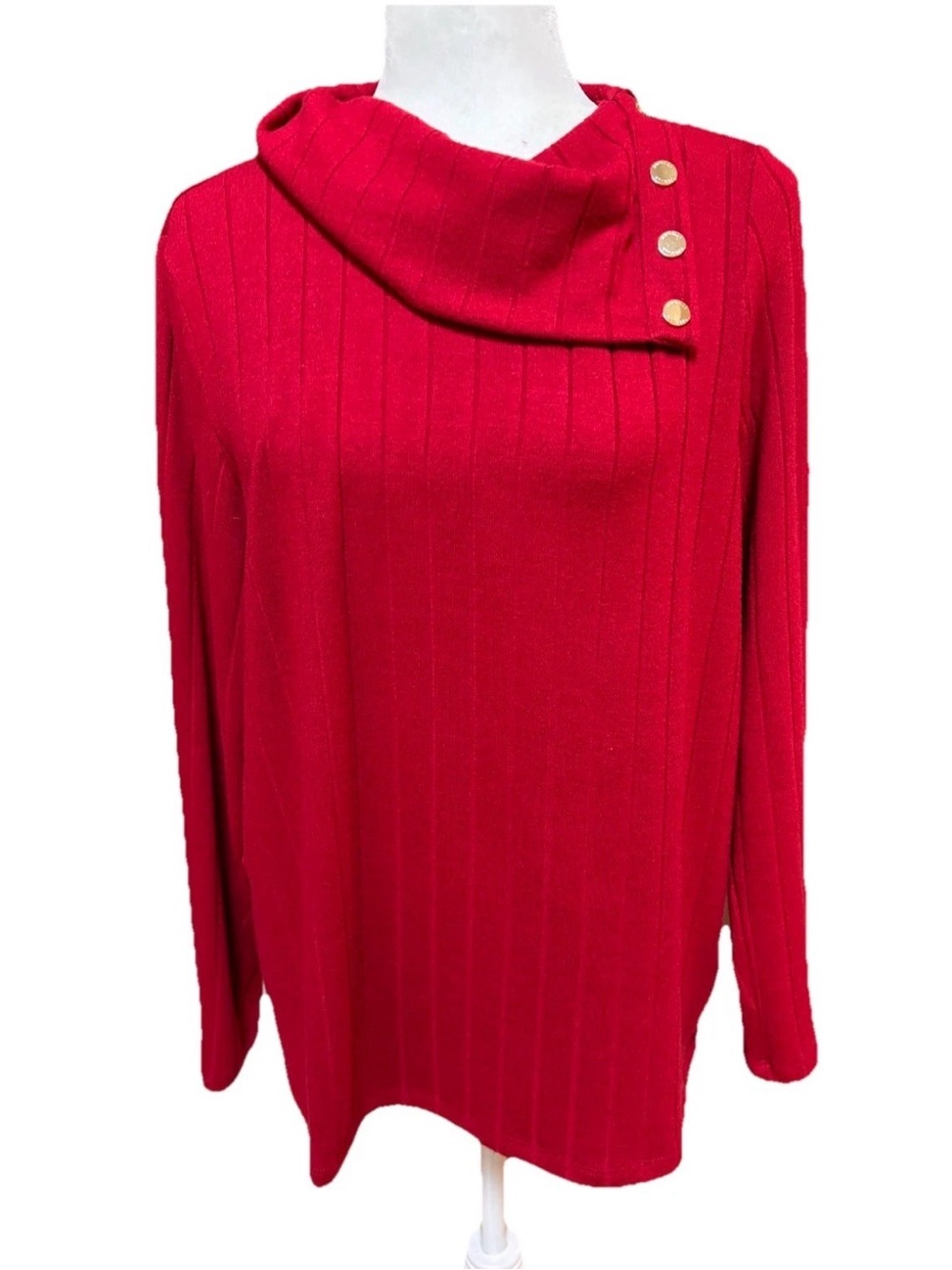 Rafaella Women's Red Split Cowl Neck Shirt Knit Top Long Sleeve Size Large